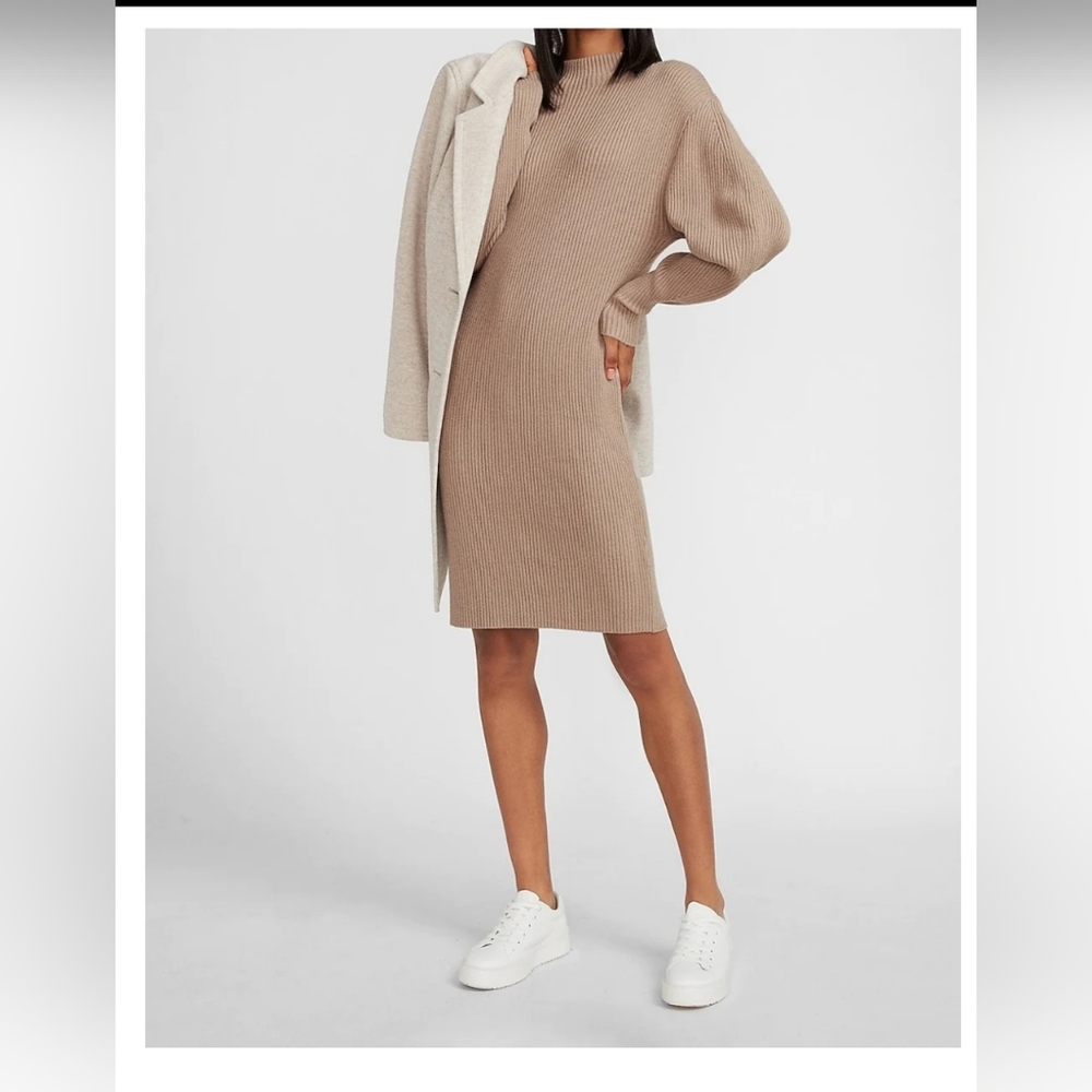 NWT Express Ribbed Mock Neck Balloon Sleeve Sweater Dress
